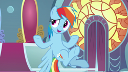 Size: 1280x720 | Tagged: safe, derpibooru import, screencap, rainbow dash, pegasus, pony, the beginning of the end, amused, female, flying, mare, open mouth, solo, underhoof