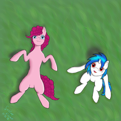 Size: 1500x1500 | Tagged: safe, artist:sulfur-flame, dj pon-3, pinkie pie, vinyl scratch, earth pony, pony, unicorn, grass field, red eyes