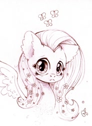 Size: 1024x1399 | Tagged: safe, artist:geneticbattalion, fluttershy, butterfly, pegasus, pony, grayscale, monochrome, solo, spread wings, traditional art