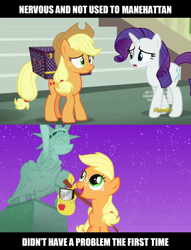 Size: 1280x1672 | Tagged: safe, edit, edited screencap, screencap, applejack, rarity, earth pony, pony, unicorn, made in manehattan, the cutie mark chronicles, discovery family logo, female, filly, filly applejack, foal, image macro, impact font, inconsistency, manehattan, maneway station, mare, meme, statue of friendship, younger