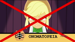 Size: 1366x768 | Tagged: safe, screencap, applejack, acadeca, equestria girls, friendship games, applejack's hat, cowboy hat, fail, hat, misspelling, onomatopoeia, spelling bee