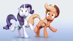 Size: 1920x1080 | Tagged: safe, artist:assasinmonkey, applejack, rarity, earth pony, pony, unicorn, made in manehattan, :o, booty call, duo, female, frown, glowing cutie mark, gradient background, looking up, mare, raised hoof, raised leg, scene interpretation, simple background, wide eyes