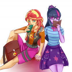 Size: 1900x1900 | Tagged: safe, artist:reinver, sci-twi, sunset shimmer, twilight sparkle, equestria girls, backpack, book, cellphone, clothes, female, holding hands, lesbian, phone, scitwishimmer, shipping, smartphone, sunsetsparkle