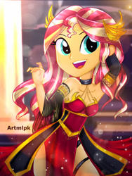 Size: 1800x2400 | Tagged: safe, artist:artmlpk, sunset shimmer, equestria girls, adorable face, adorasexy, adorkable, alternate hairstyle, bare chest, bare shoulders, beautiful, choker, clothes, crown, cute, dork, emperor, female, gloves, gold, hand on head, jewelry, looking at you, open mouth, queen, red dress, regalia, ruler, sexy, shimmerbetes, side slit, smiley face, smiling, smiling at you, socks, solo, thigh highs, watermark