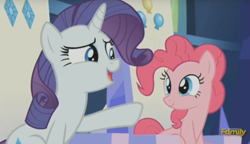 Size: 1273x732 | Tagged: safe, screencap, pinkie pie, rarity, pony, unicorn, spice up your life, discovery family logo