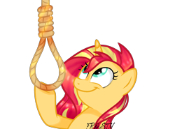 Size: 2000x1478 | Tagged: safe, artist:lazuli, sunset shimmer, pony, unicorn, :d, bust, downvote bait, eyelashes, horn, looking up, noose, rope, simple background, smiling, text, transparent background