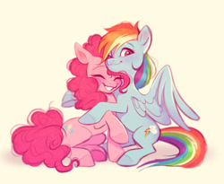 Size: 1432x1174 | Tagged: safe, artist:imalou, derpibooru import, pinkie pie, rainbow dash, earth pony, pegasus, pony, female, heart eyes, hug, lesbian, looking at you, mare, pinkiedash, shipping, simple background, smiling, wingding eyes