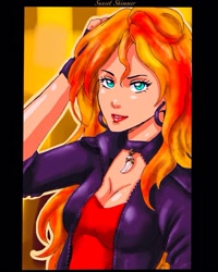 Size: 1080x1349 | Tagged: safe, artist:thinnwin, sunset shimmer, human, abstract background, breasts, bust, choker, cleavage, clothes, female, fingerless gloves, gloves, humanized, jewelry, necklace, solo