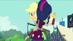 Size: 1280x720 | Tagged: safe, screencap, applejack, sci-twi, twilight sparkle, equestria girls, friendship games, applelove, hug