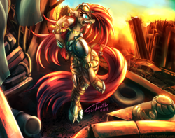 Size: 1280x1011 | Tagged: safe, artist:foldeath, pinkie pie, earth pony, pony, clothes, pinkamena diane pie, raider, solo, wasteland