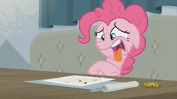 Size: 636x356 | Tagged: safe, screencap, pinkie pie, pony, spice up your life, discovery family logo, disgusted, solo