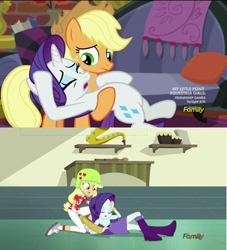 Size: 1280x1412 | Tagged: safe, screencap, applejack, rarity, earth pony, pony, unicorn, equestria girls, friendship games, made in manehattan, applejack's damaged hat, applejack's hat, clothes, comparison, cowboy hat, distress, drama queen, duo, duo female, faint, female, hat, helmet, jai alai, marshmelodrama, pelota vasca, rarity being rarity, shipping fuel, skirt, xistera