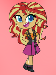 Size: 1800x2400 | Tagged: safe, artist:artmlpk, sunset shimmer, better together, equestria girls, my little pony: pony life, adorable face, adorkable, beautiful, cute, design, digital art, dork, hand on hip, looking at you, open mouth, pink background, pony life equestria girls-ified, shimmerbetes, simple background, smiley face, smiling, smiling at you, solo, watermark