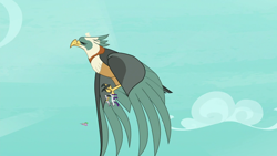 Size: 1280x720 | Tagged: safe, screencap, rarity, spike, zecora, bird, dragon, pony, roc, unicorn, zebra, molt down, female, flying, male, mare, winged spike, wings