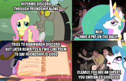 Size: 1120x720 | Tagged: safe, edit, edited screencap, screencap, discord, fluttershy, princess celestia, twilight sparkle, alicorn, pegasus, pony, keep calm and flutter on, magical mystery cure, book, crying, element of kindness, element of magic, exploitable meme, grin, image macro, magic, meme, op is a cuck, op is trying to start shit, reaction guys, smiling, tears of joy, twilicorn spotlight drama