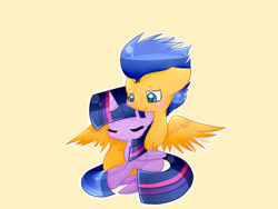 Size: 1024x768 | Tagged: safe, artist:le-poofe, derpibooru import, flash sentry, twilight sparkle, twilight sparkle (alicorn), alicorn, pony, blushing, cuddling, cute, eyes closed, female, flashlight, male, mare, shipping, smiling, snuggling, spread wings, straight