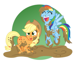 Size: 1280x1069 | Tagged: safe, artist:tenderrain46, derpibooru import, applejack, rainbow dash, earth pony, pegasus, pony, eyes closed, female, jumping, mare, mud, open mouth, simple background, smiling, transparent background