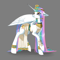 Size: 4093x4093 | Tagged: safe, artist:faline-art, princess celestia, alicorn, pony, absurd resolution, cleopatra, clothes, costume, egyptian, female, gray background, jewelry, kalasiris, makeup, mare, nightmare night costume, ra celestia, regalia, simple background, solo, uraeus