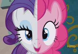 Size: 685x474 | Tagged: safe, screencap, pinkie pie, rarity, pony, unicorn, spice up your life, discovery family logo, split screen