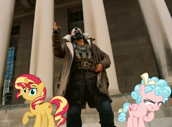 Size: 2908x2156 | Tagged: safe, artist:thor-disciple, cozy glow, sunset shimmer, human, pegasus, pony, unicorn, bane, batman, clothes, costume, irl, irl human, photo, the dark knight rises