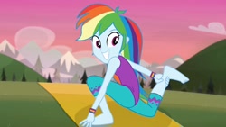 Size: 1920x1080 | Tagged: safe, derpibooru import, screencap, rainbow dash, better together, choose your own ending, equestria girls, wake up!, wake up!: rainbow dash, barefoot, feet, flexible, tech-savvy donkey, yoga pose