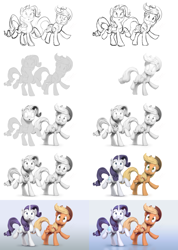 Size: 2400x3375 | Tagged: safe, artist:assasinmonkey, applejack, rarity, earth pony, pony, unicorn, made in manehattan, :o, frown, gradient background, looking up, progress, raised hoof, raised leg, scene interpretation, sketch, wide eyes, wip