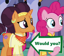 Size: 941x823 | Tagged: safe, edit, edited screencap, screencap, pinkie pie, saffron masala, earth pony, pony, spice up your life, i'm with stupid, meme, pinkie pie's sign