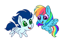 Size: 3353x2056 | Tagged: safe, artist:bellbell123, derpibooru import, rainbow dash, soarin', pegasus, pony, chibi, female, male, shipping, simple background, soarindash, straight, transparent background