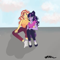 Size: 1080x1080 | Tagged: safe, artist:_denart, sci-twi, sunset shimmer, twilight sparkle, equestria girls, clothes, cloud, female, glasses, lesbian, outdoors, scitwishimmer, shipping, shoes, signature, socks, sunsetsparkle