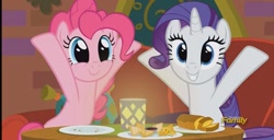 Size: 1014x519 | Tagged: safe, screencap, pinkie pie, rarity, pony, unicorn, spice up your life, discovery family logo, the tasty treat