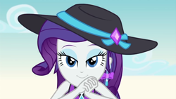 Size: 1280x720 | Tagged: safe, screencap, rarity, better together, equestria girls, lost and found, bedroom eyes, clothes, cute, hat, lidded eyes, looking at you, raribetes, smiling, solo, swimsuit