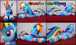 Size: 5205x3060 | Tagged: safe, artist:qtpony, derpibooru import, rainbow dash, pony, bedroom eyes, bow, choker, clothes, irl, lidded eyes, photo, plushie, prone, socks, solo, striped socks, tail bow