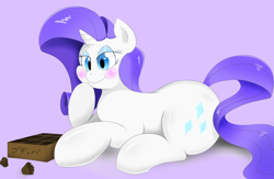 Size: 1600x1043 | Tagged: safe, artist:theobrobine, rarity, pony, unicorn, blushing, chocolate, eating, female, food, mare, simple background, solo