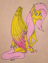 Size: 1280x1695 | Tagged: safe, artist:ambergerr, fluttershy, pegasus, pony, female, mare, pink mane, traditional art, yellow coat
