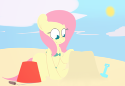 Size: 2442x1692 | Tagged: safe, artist:mr-degration, fluttershy, pegasus, pony, beach, belly button, bikini, bucket, clothes, lineless, sand, sandcastle, shovel, sitting, solo, sun, swimsuit