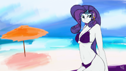 Size: 1920x1080 | Tagged: safe, artist:achmeddb, rarity, equestria girls, beach, belly button, breasts, clothes, female, frilled swimsuit, ocean, purple swimsuit, raritits, signature, solo, swimsuit, thong swimsuit, umbrella, wallpaper