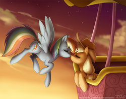 Size: 1500x1167 | Tagged: safe, artist:johnjoseco, derpibooru import, applejack, rainbow dash, earth pony, pegasus, pony, appledash, digital art, eyes closed, female, hot air balloon, kissing, lesbian, mare, shipping