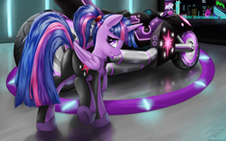 Size: 1440x900 | Tagged: safe, artist:toxicpon, derpibooru import, twilight sparkle, twilight sparkle (alicorn), alicorn, pony, clothes, female, looking back, mare, motorcycle, plot, ponytail