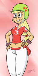 Size: 1568x3136 | Tagged: safe, artist:scobionicle99, applejack, equestria girls, applebucking thighs, belly button, dem thighs, helmet, jai alai, midriff, solo, thighs