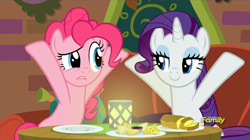 Size: 960x539 | Tagged: safe, screencap, pinkie pie, rarity, pony, unicorn, spice up your life, discovery family logo, lidded eyes, the tasty treat