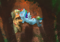 Size: 1113x793 | Tagged: safe, artist:davierocket, derpibooru import, applejack, rainbow dash, earth pony, pegasus, pony, fall weather friends, alternate scene interpretation, appledash, blushing, februpony, female, forest, heart, hoof hold, kissing, leaves, lesbian, mare, missing hat, on side, running of the leaves, shadow, shipping