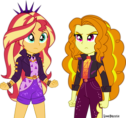 Size: 4789x4500 | Tagged: safe, artist:limedazzle, adagio dazzle, sunset shimmer, better together, equestria girls, sunset's backstage pass!, bracelet, clothes, clothes swap, duo, geode of empathy, inkscape, jacket, jewelry, magical geodes, pants, shorts, simple background, spiked headband, spiked wristband, spikes, transparent background, vector, wristband