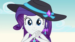 Size: 1280x720 | Tagged: safe, screencap, rarity, better together, equestria girls, lost and found, clothes, cute, ear piercing, earring, female, hat, huggable, jewelry, looking at you, offscreen character, piercing, pov, raribetes, smiling, solo, swimsuit