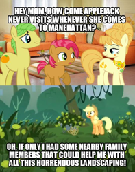 Size: 540x684 | Tagged: safe, applejack, aunt orange, babs seed, uncle orange, earth pony, pony, made in manehattan, apple family, image macro, manehattan, meme