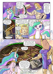 Size: 1363x1920 | Tagged: safe, artist:pencils, princess celestia, alicorn, human, pony, comic:anon's pie adventure, abs, apollo, axe, bow (weapon), cake, chest hair, comic, crown, dialogue, female, food, jewelry, male, map, mare, maze, muscles, open mouth, peytral, plot, regalia, spear, speech bubble, sword, weapon