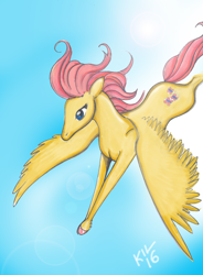 Size: 3303x4496 | Tagged: safe, artist:koku-chan, fluttershy, pegasus, pony, flying, signature, solo