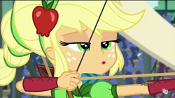 Size: 1920x1080 | Tagged: safe, screencap, applejack, equestria girls, friendship games, :o, arrow, bow (weapon), bow and arrow, dat face, lidded eyes, solo