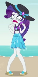 Size: 310x618 | Tagged: safe, screencap, rarity, better together, equestria girls, lost and found, clothes, cropped, hat, makeup, marshmelodrama, mascarity, rarity being rarity, running makeup, sandals, sarong, solo, sun hat, swimsuit