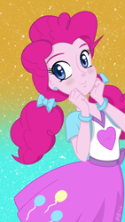 Size: 750x1334 | Tagged: safe, artist:burning-heart-brony, derpibooru import, pinkie pie, equestria girls, blushing, bracelet, clothes, cute, diapinkes, jewelry, phone wallpaper, pigtails, skirt, solo, wallpaper