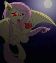 Size: 1600x1800 | Tagged: safe, artist:geraritydevillefort, fluttershy, bat pony, pony, apple, fangs, floating, flutterbat, fruit, full moon, night sky, open mouth, red eyes, solo, stars, tongue out